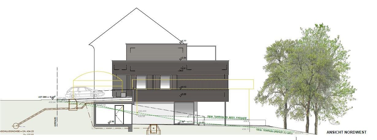 So soll das neue Wohler Pfadiheim aussehen. Die gelben Linien zeigen das alte Pfadiheim. Und die hausförmigen Linien zeigen die Gebäude, die im Hintergrund stehen.